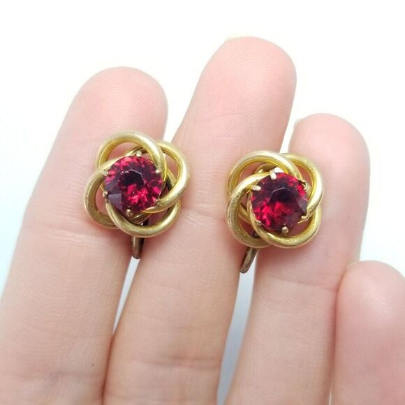 Vintage Sterling Silver Red Rhinestone Knot Design Clip On Earrings, Signed B+N - Picture 2 of 8